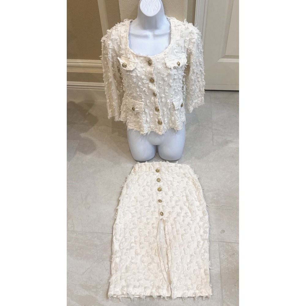 VTG 90s Halla in LA Womens Sz S Skirt & Jacket Set White Textured Fringe **